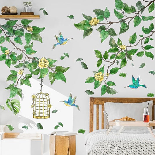 Amaonm Removable PVC Two Tree Branches With Green Leaves wall Sticker DIY Peel and Stick Flower and Birds Wall Decals Decor for Kids Girls Boys Bedroom Living Room Nursery Classroom Playroom Wall Background Decoration