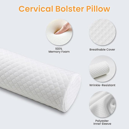 Neck Pillow for Sleeping, Cervical Pillow with Washable Zippered Cover, Cervical Round Pillow for Support with Breathable Cover, Home Travel Cylindrical Bolster for Bed, Legs, Back and Yoga