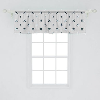 Ambesonne Airplane Window Valance Pack of 2, Diagonal Stripes Travel Silhouettes Vacation Aviation, Rod Pocket Curtain Valances for Kitchen Bedroom, 54" X 18", Petrol Blue