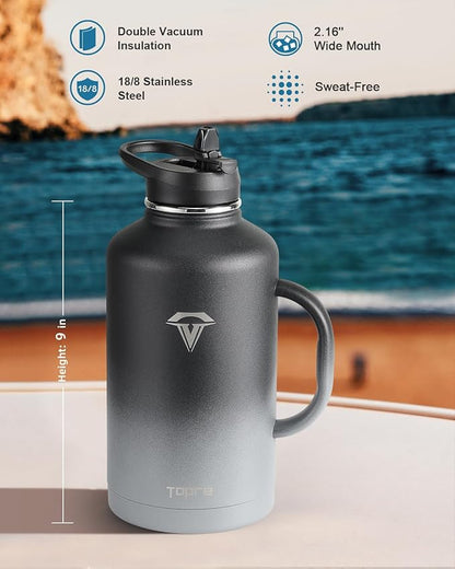 64 oz Insulated Water Bottle with Straw and Lid, Half Gallon Stainless Steel Cup with Handle,Leakproof Metal Travel Jug Flask Mug Tumbler Cup With Carry Pouch and Brush,Keep Cold & Hot,Grey