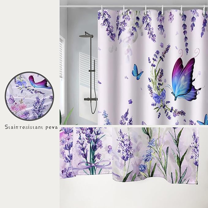 AILONEN Girls Butterfly Shower Curtain for Bathroom, Blooming Lavender Flower Purple Bath Curtain 48" W*72" H Polyester Fabric Waterproof Bathroom Curtain with 12 Hooks