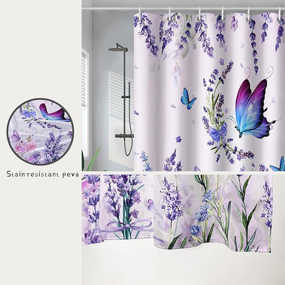 AILONEN Girls Butterfly Shower Curtain for Bathroom, Blooming Lavender Flower Purple Bath Curtain 48" W*72" H Polyester Fabric Waterproof Bathroom Curtain with 12 Hooks