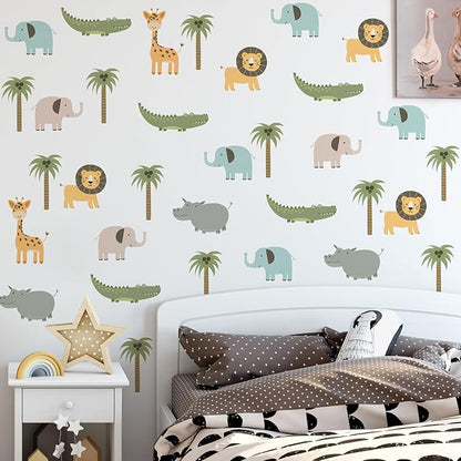 5PCS Cartoon Animal Wall Decal Removable DIY Elephant Hippopotamus Giraffe Lion Crocodile Wall Decal Peel and Stick Coconut Tree Wall Art for Baby Nursery Bedroom Living Room Playroom Decor (A)
