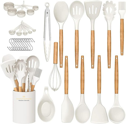 Kitchen Utensils Set, 33 pcs Non-Stick Silicone Cooking Utensils Set, Heat-Resistant Silicone, Wooden Utensils for Cooking, Kitchen Gadgets Spatula Set, Apartment Essentials Kitchen Set (White)