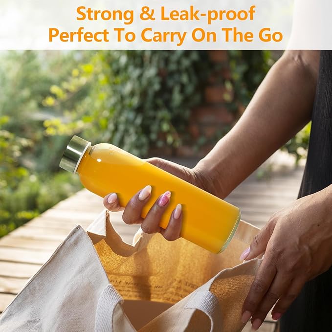 Glass Juice Bottles with Lids for Juicing 18 oz, Reusable Clear Glass Water Bottles with Stainless Steel Airtight Cap for Refrigerator, 100% Leak Proof, BPA Free, Set of 6, Gold