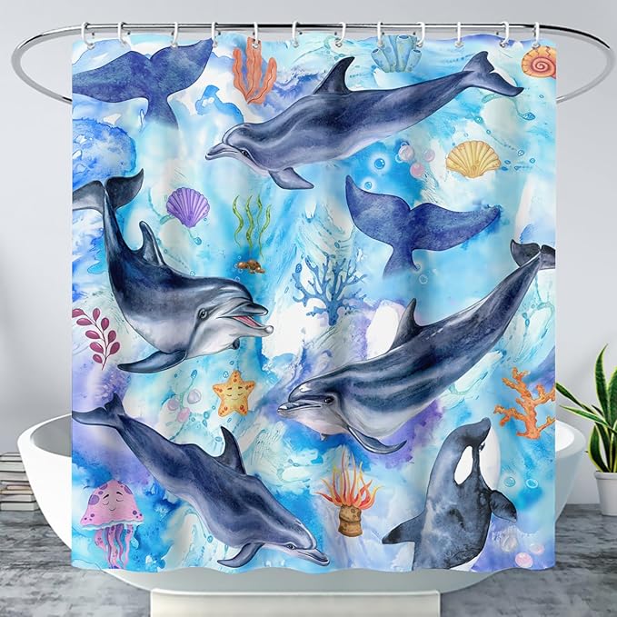 AILONEN Cute Cartoon Whale Shower Curtain,Kawaii Marine Animal Whale Bathroom Curtain for Kids Girls Boys,Blue Tie Dye Bath Curtain Set,Seaweed Fabric Shower Curtains for Bathroom, 72" W*72" H