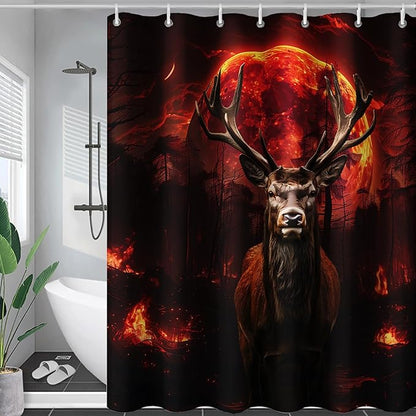 AILONEN Deer Hunting Shower Curtain for Boys,Moon Flame Fire Elk Bath Curtain for Bathroom,Print Polyester Waterproof with 12 Plastic Hooks 72" W*72" H