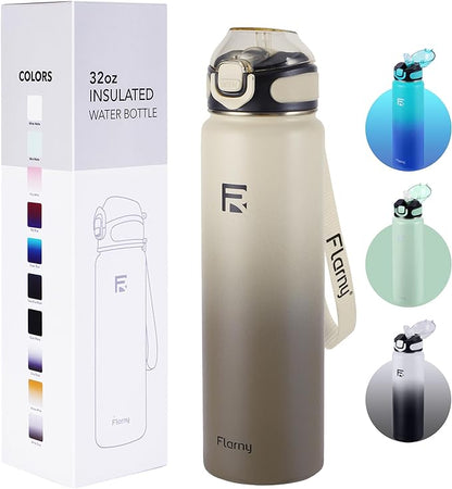 32 oz Insulated Water Bottle with Straw, Stainless Steel Metal Thermos Bottles, Durable Non-Slip Gradient Bottle with Strap for Sports and Travel, Leak Proof (White Gray)