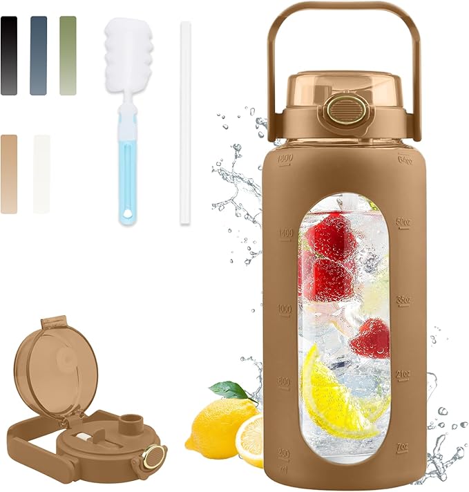 64 Oz Glass Water Bottle with Straw and Lid, Sports Motivational Water Bottle, Leakproof Water Jug Fitness with Silicone Sleeve for Gym, Brown