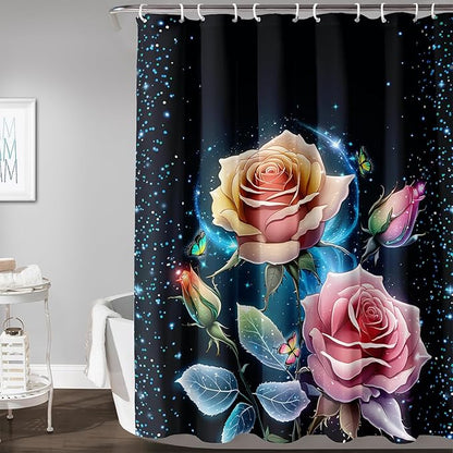 AILONEN Pink Rose Shower Curtain,Galaxy Butterfly Rose Flower Curtain for Kids Girls Women,Modern Romantic Curtain,Print Polyester Waterproof with 12 Plastic Hooks, 48" W*72" H