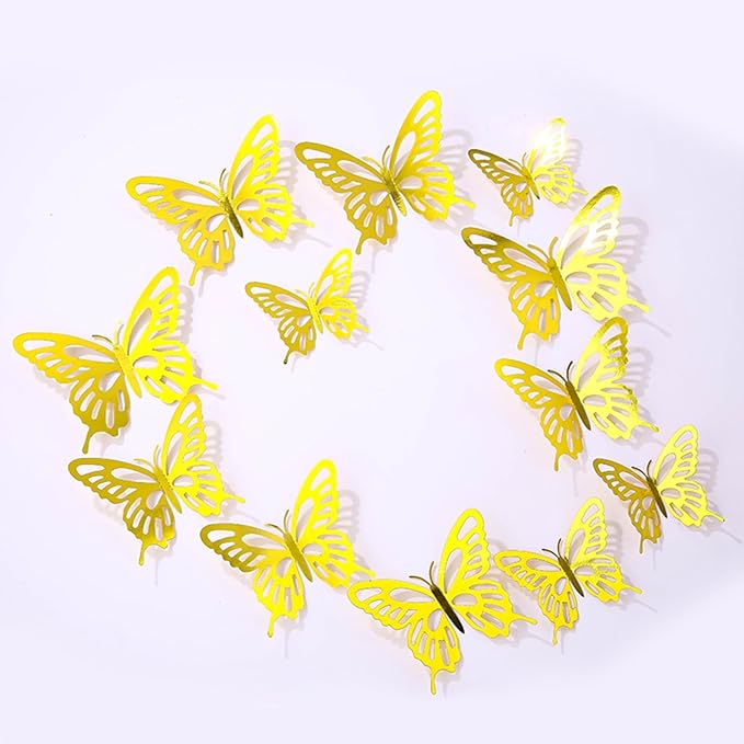 72Pcs 3D Butterfly Wall Decor 3 Sizes 3 Styles, Butterfly Decorations Party Birthday Cake Decoration, Removable Butterfly Wall Stickers for Kids Nursery Wedding Bedroom Room Decor(Gold)