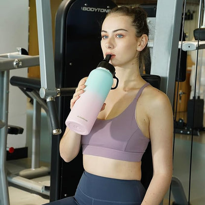 32 oz Insulated Water Bottle with Paracord Handles & Strap, 2 Lids(Straw Lid&Spout Lid), Stainless Steel Reusable Wide Mouth Metal Water Bottle With Straw, Double Walled, Thermo Mug(Rubber Pink)