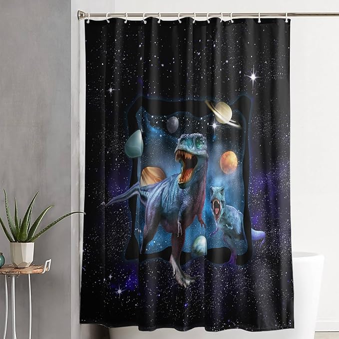 AILONEN Boys Dinosaur Shower Curtain 48" W*72" H for Bathroom,Blue Galaxy Starry Dinosaur Bathroom Shower for Boys Teen,Cartoon Dinosaur Bath Curtain Polyester Waterproof Shower Curtain with 12 Hooks