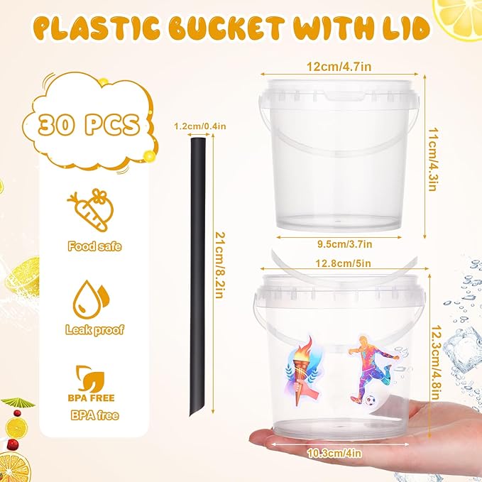 30 Pcs Ice Cream Buckets with Lids and Handles Drink Rum Buckets for Parties Cocktails Reusable Clear Plastic Food Containers with 50 Pcs Sports Stickers