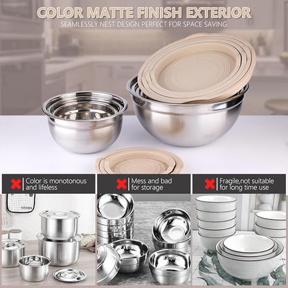 Mixing Bowls with Lids set - 26 PCS Stainless Steel Nesting Khaki Mixing Bowls Set for Baking,Mixing,Serving & Prepping,Size 5, 3.7, 2.8, 2.3, 1.7, 1.1, 0.7QT,12 Cooking Utensils