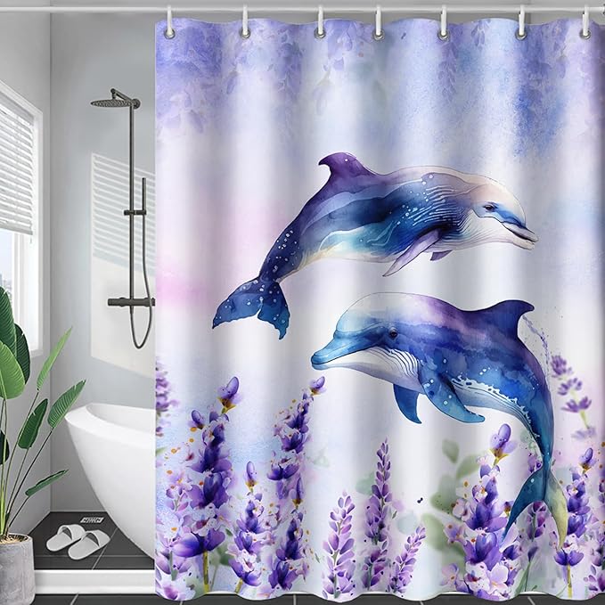 AILONEN Watercolor Dolphin Shower Curtain, Cute Dolphin Lavender Flower Bath Curtain,Modern Minimalist Purple Waterproof Fabric Shower Curtain Set with Hooks 48" W*72" H