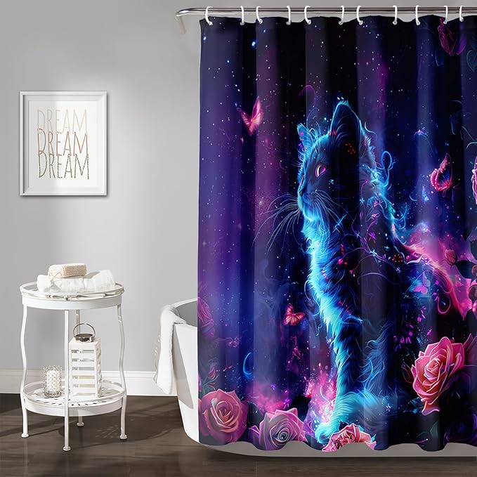 AILONEN 3D Rose Cat Shower Curtain Set, Beautiful Kitten with Butterfly Shower Curtain Liner for Kids Boys Girls,Boho Galaxy Shower Curtain for Bathroom,72" W*78" H