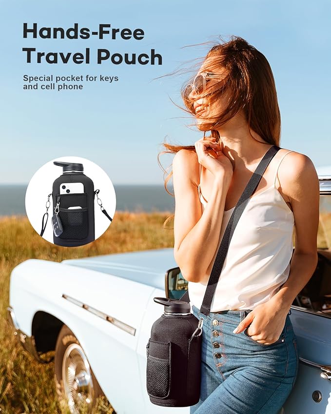 64 oz Insulated Stainless Steel Water Bottle with Handle and Carry Pouch, Half Gallon Mug Tumbler with Straw Lid Spout Lid,Reusable Metal Water Bottle Jug Flask Cup,Keep Cold & Hot,Indigo Black