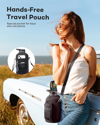 64 oz Insulated Stainless Steel Water Bottle with Handle and Carry Pouch, Half Gallon Mug Tumbler with Straw Lid Spout Lid,Reusable Metal Water Bottle Jug Flask Cup,Keep Cold & Hot,Indigo Black