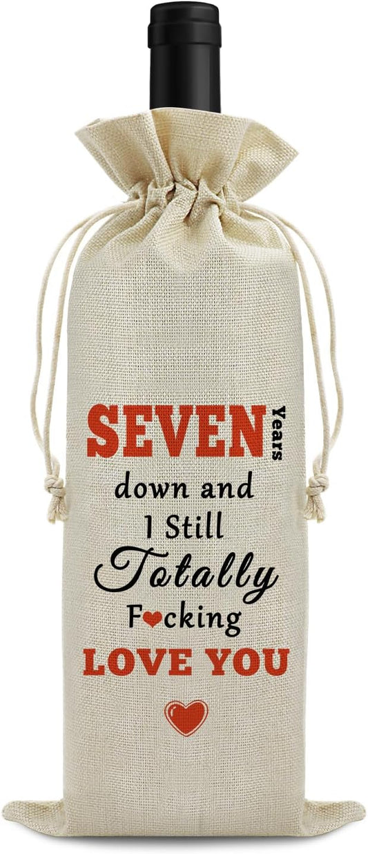 7th Year Marriage Gift for Couple Wife Husband Wine Bag 7th Anniversary Wedding Gift for Women Men Wine Gift Bag Valentine Birthday Christmas Gift for Him Her Drawstring Wine Wrapping Bag