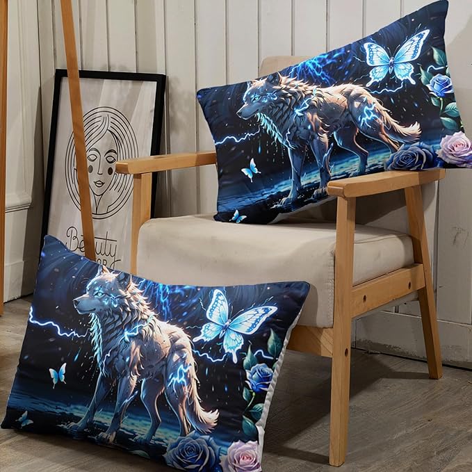 AILONEN Wolf Fitted Sheet Set Twin Size, Blue Lightning Wolf Butterfly Safari Wolf Bed Sheet Set,3 Pieces Teen Boys Sheet Set,Cool Wolf Fitted Sheet with 2 Pillowcases