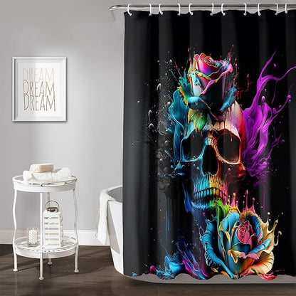 AILONEN 3D Sugar Skull Shower Curtain,Colorful Rose with Skeleton Design Shower Curtain Set with Hooks for Boys Girls Teens,Colour Inkjet Theme48 W*72" H
