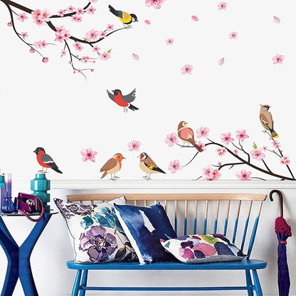 Pink Cherry Blossom Wall Decals, Flying Bird Wall Stickers, Flower and Tree Branch Wall Decor, Removable Vinyl Wall Decor Mural Art for Baby Nursery Bedroom & Living Room Sofa TV Backdrop Decoration