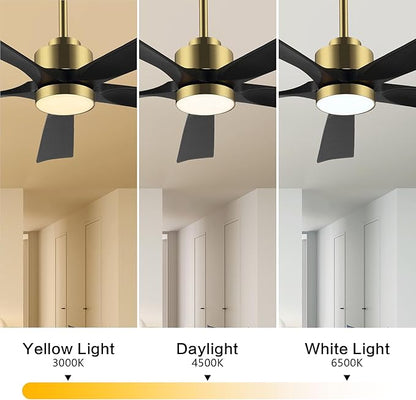 60" Modern Ceiling Fan with Light and Remote Control, 5 Solid Wood Blades 6-Speed Noiseless Reversible DC Motor, Ceiling Fan for Bedroom Dinning Living Room, Gold Finish with Black Blades