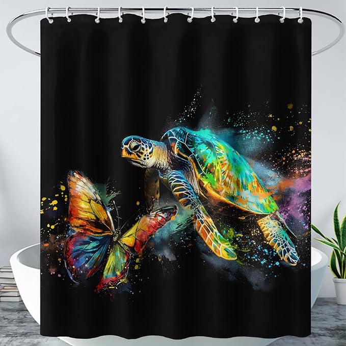 AILONEN Sea Turtle Shower Curtain, Tie Dye Turtle and Butterfly Bathroom Curtain,Minimalist Black Bath Curtain 72" W*84" H Polyester Waterproof Bathroom Curtain with 12 Hooks