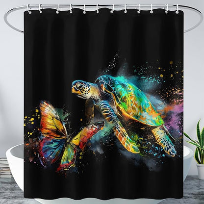 AILONEN Sea Turtle Shower Curtain, Tie Dye Turtle and Butterfly Bathroom Curtain,Minimalist Black Bath Curtain 72" W*84" H Polyester Waterproof Bathroom Curtain with 12 Hooks