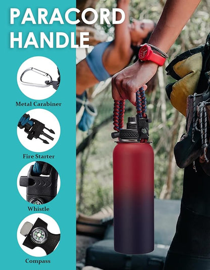 40 oz Insulated Water Bottle - (Cold 48H) Metal Water Jug with Straw & Auto Spout Lids, Leak Proof Coldest Stainless Steel Flask with Carrying Pouch, Paracord Handle for Gym Hiking Work, Coral Orange