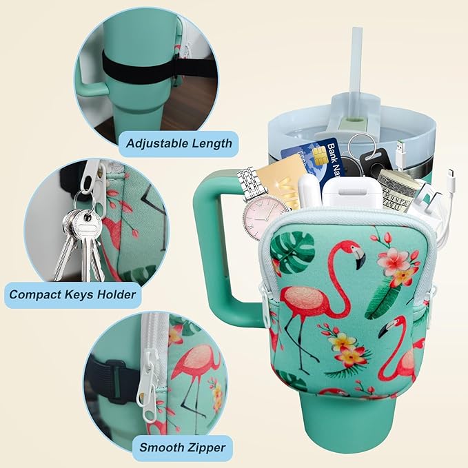 Water Bottle Pouch For Stanley Quencher Adventure 40oz & Stanley IceFlow 20oz 30oz,tumbler pouch with Pocket, for Keys, Wallet, Cards, Earphone,Compact, Versatile (GREEN)