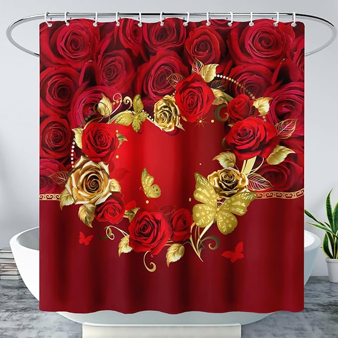 AILONEN Red Rose Couple Shower Curtain,Red and Gold Hearts Printed Bath Curtain,Modern Waterproof Luxury Rose Themed Bathroom Decor, 72" W x 84" H