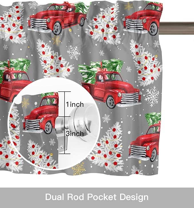 Red Truck Christmas Kitchen Curtains and Valances Set, Merry Christmas Tree Windows Treatments Tiers Half/Short Curtains for Small Windows Cafe /Living Room/ Bedroom 54x24 in Winter Snowflake Grey