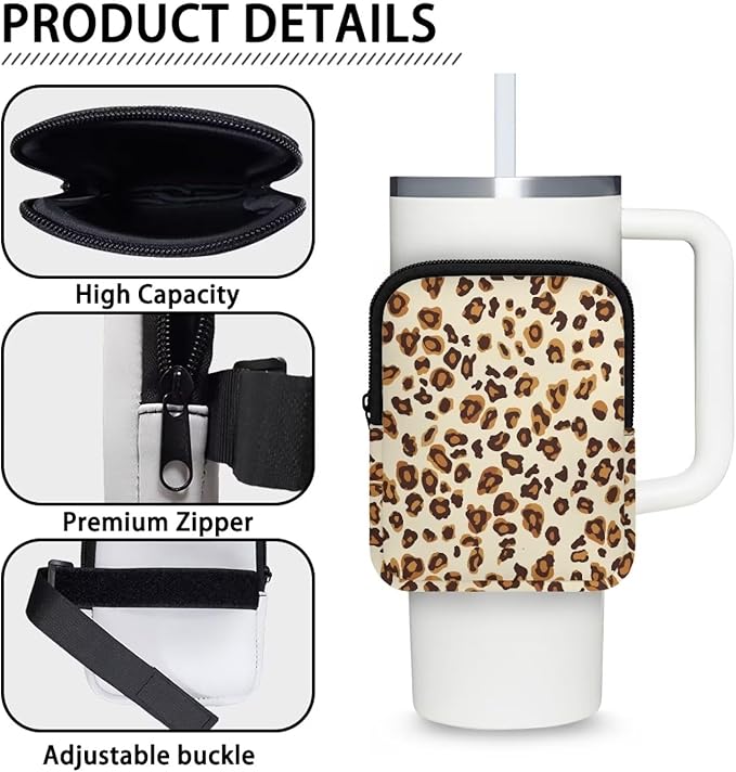 Leopard Stanley Cup Pouch with Adjustable Strap Water Bottle Storage Bag 20oz-40oz IceFlow Tumbler Pouch for Stanley Accessories