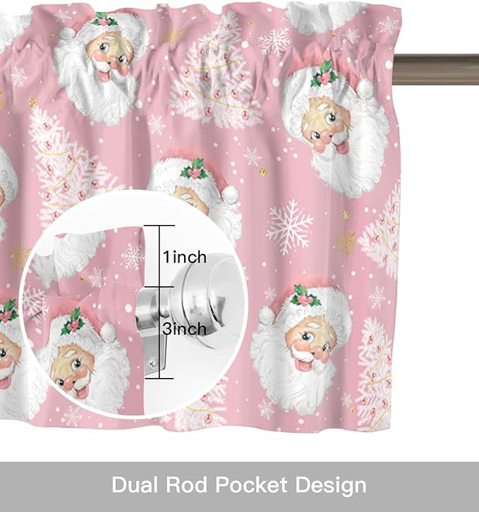 Pink Christmas Valance Curtains for Kitchen Windows Santa Claus Merry Christmas Tree Rod Pocket Window Treatment Toppers for Kitchen/Living Room/Bedroom/Bathroom, 60" X 18", Winter Snowflake