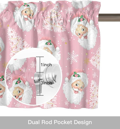 Pink Christmas Valance Curtains for Kitchen Windows Santa Claus Merry Christmas Tree Rod Pocket Window Treatment Toppers for Kitchen/Living Room/Bedroom/Bathroom, 60" X 18", Winter Snowflake