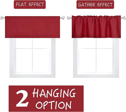 Red Valance for Windows 42x18 Inch Solid Thermal Insulated Blackout Rod Pocket Kitchen Short Curtain Toppers Valance for Bathroom Living Room 2 Panels