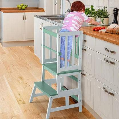 COSYLAND Kids Kitchen Step Stool, Toddler Standing Tower with CPC & FSC Certification, Removable Anti-Drop Railing Safety Rail Enjoys Unique Patented Design A Anti-tip Stable Structure Green & White