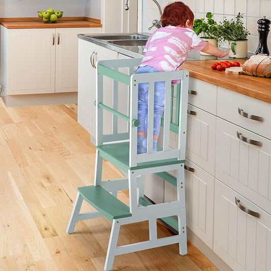 COSYLAND Kids Kitchen Step Stool, Toddler Standing Tower with CPC & FSC Certification, Removable Anti-Drop Railing Safety Rail Enjoys Unique Patented Design A Anti-tip Stable Structure Green & White