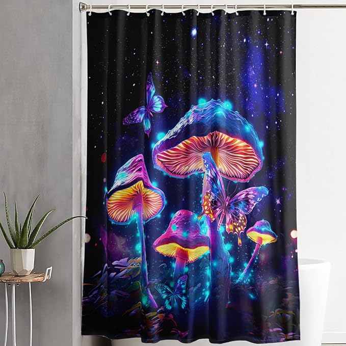 AILONEN Magic Mushroom Shower Curtain for Kids Girls,Glowing Mushrooms and Starry Night Waterproof Fabric Shower Curtain for Bathroom,Butterfly Plants Shower Curtain Set with Hooks,72" W*96" H