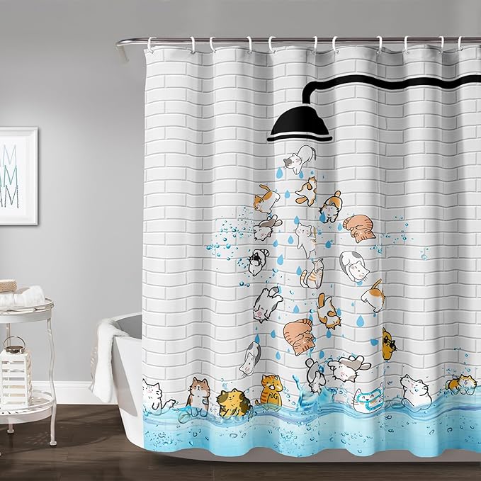 AILONEN Cute Cat Shower Curtain for Kids 72" W*96" H Inch,Colorful Animals Playing Water Kids Lovely Funny Hilarious Shower Curtain,12 Pack Hooks Polyester Waterproof Fabric Decor for Bathroom