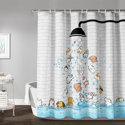AILONEN Cute Cat Shower Curtain for Kids 48" W*72" H Inch,Colorful Animals Playing Water Kids Lovely Funny Hilarious Shower Curtain,12 Pack Hooks Polyester Waterproof Fabric Decor for Bathroom
