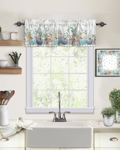Fall Thanksgiving Kitchen Curtains Valances for Windows Navy Blue Pumpkins Green Eucalyptus Leaves Rod Pocket Window Treatment for Kitchen /Living Room/Bedroom/ Bathroom 42" X 18",Sage Farmhouse Plaid