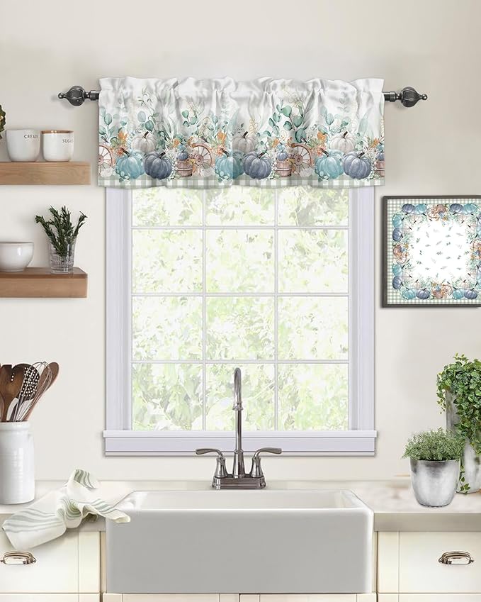 Fall Thanksgiving Kitchen Curtains Valances for Windows Navy Blue Pumpkins Green Eucalyptus Leaves Rod Pocket Window Treatment for Kitchen /Living Room/Bedroom/ Bathroom 60" X 18",Sage Farmhouse Plaid