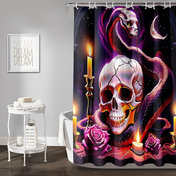 AILONEN Gothic Skull Shower Curtain for Bathroom,Terror Snake Skull Bath Curtain Decoration,Starry Skull Skeleton Print Waterproof Purple Curtain with 12 Plastic Hooks, 72" W*78" H