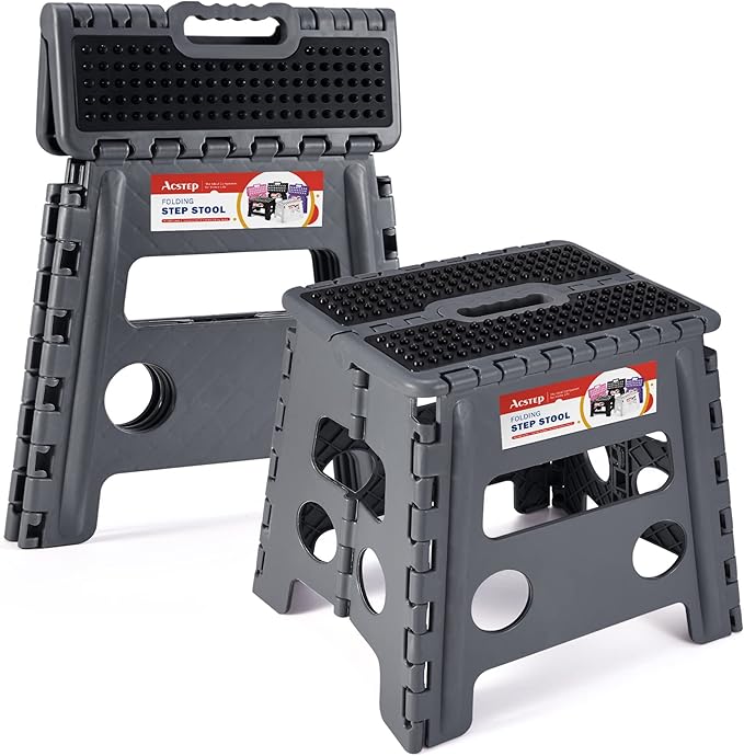 ACSTEP 13" Folding Step Stool- Holds up to 300Lb,The Lightweight Non-Slip Upgrade Collapsible Stepping Stool is Sturdy Enough to Support Adults and Safe Enough for Kids(Grey,1 Pack)