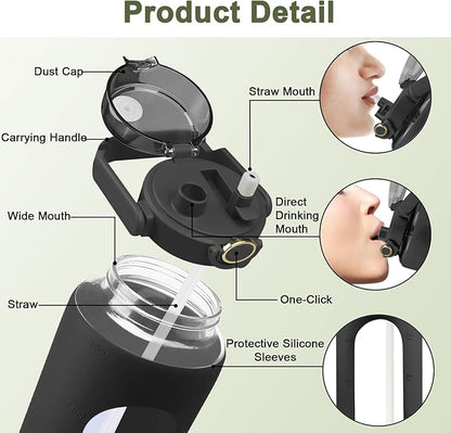 64 Oz Glass Water Bottle with Straw and Lid, Sports Motivational Water Bottle, Leakproof Water Jug Fitness with Silicone Sleeve for Gym, Black