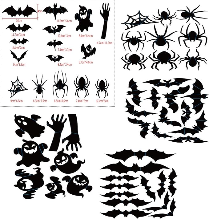 Halloween Window Clings Stickers Decoration 3D Stereoscopic Black Bat Spider Ghost Design Halloween Window Cling Decal Festival Decor Halloween Window Stickers for Kids Party Supplies Glass Decor