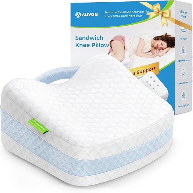 AUVON Leg & Knee Pillow for Sciatica, Back, HIPS, Joints Pain Relief, Enhanced Softness & Support Sandwhich Memory Foam Knee Pillow for Side Sleepers, Ice Silky Fabric for Sleeping Comfort